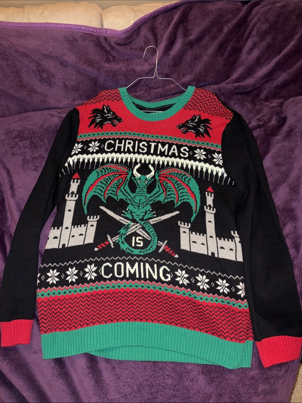 Christmas Is Coming Dragon Knit Ugly Christmas Sweater - Green/Red/Black